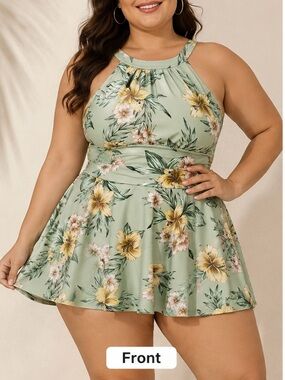 Plus size Halter Floral Mini Dress/bathing suit in Sage Green